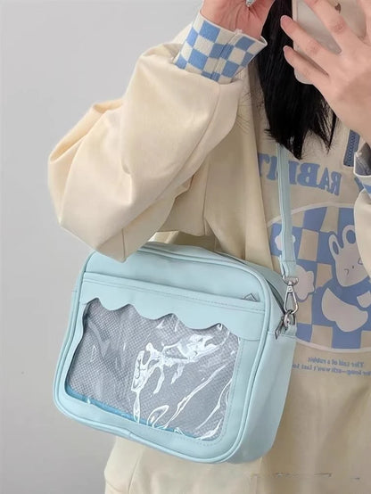 Bolso japonés Harajuku Ita – Bolso bandolera de piel sintética con bolsillo transparente para mujeres y estudiantes de secundaria, bolso de estilo uniforme JK, bolso de almacenamiento de moda Kawaii para coleccionistas y uso diario