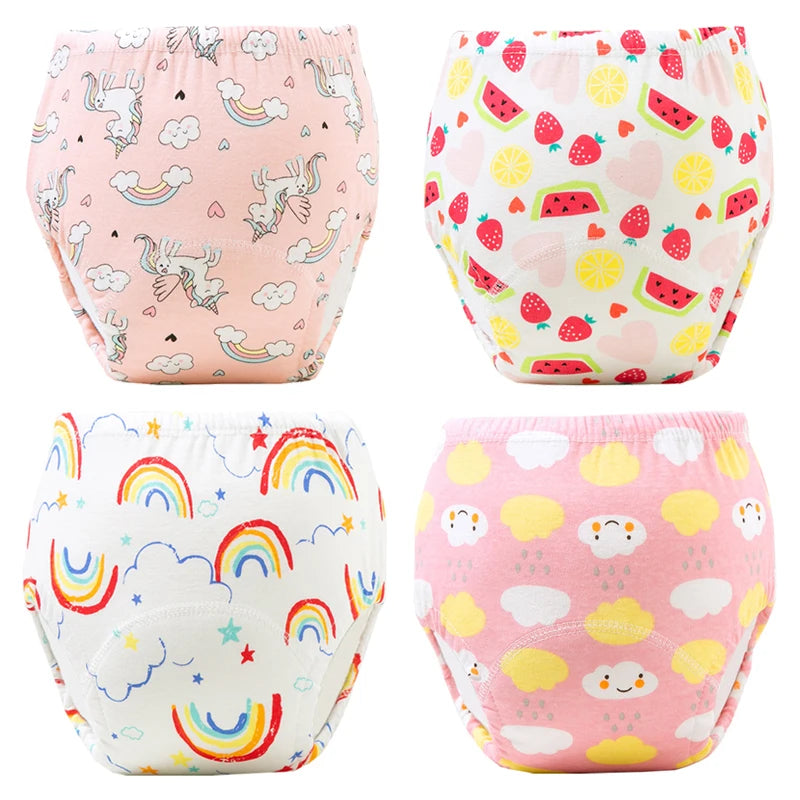 Culottes d'apprentissage de la propreté imperméables réutilisables (lot de 4) – Sous-vêtements d'entraînement en coton doux pour bébés garçons et filles avec protection anti-fuites