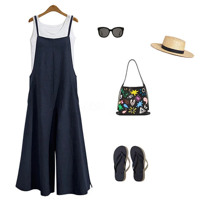 Women's Cotton Linen Wide Leg Jumpsuit Sleeveless Bib Overalls Casual Loose Summer Romper Plus Size 5XL