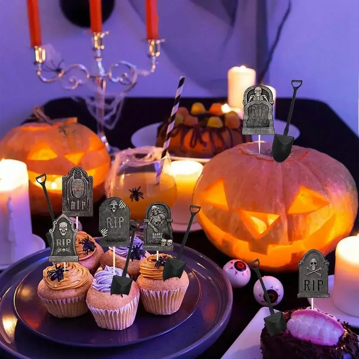 Multi-Piece Halloween Cupcake Toppers – Tombstone & Graveyard Cake Decorations with Novelty Mini Shovel Spoons for Halloween Parties