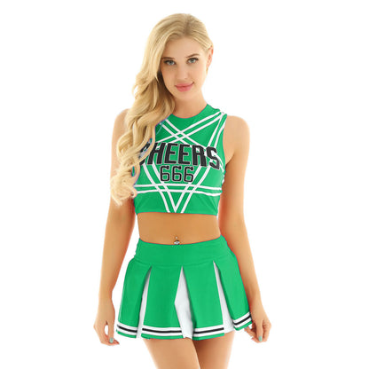 Women’s Cheerleader Cosplay Costume – Uniform Set (Crop Top + Mini Pleated Skirt, Carnival Outfit)