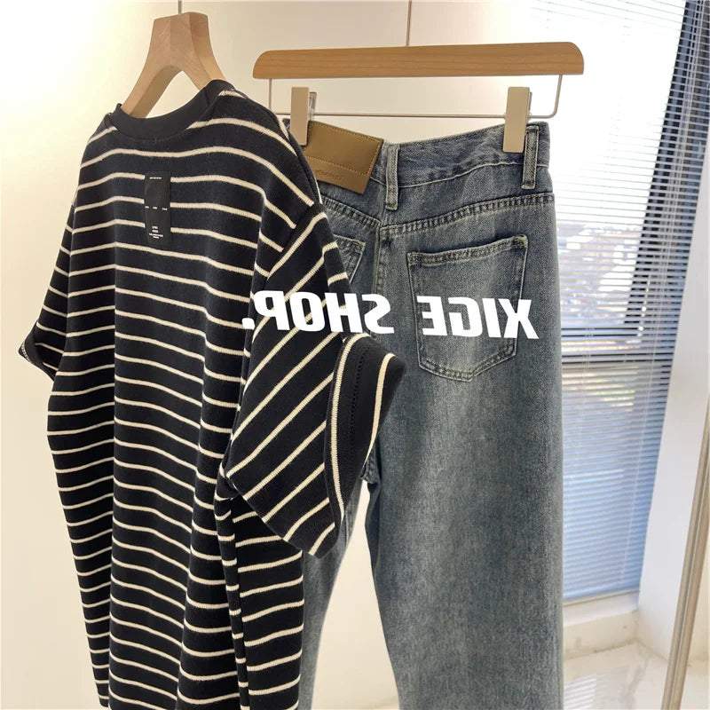 Women’s Korean Style Oversize Striped T-Shirt Loose Casual Short Sleeve Cotton Summer Commute Top