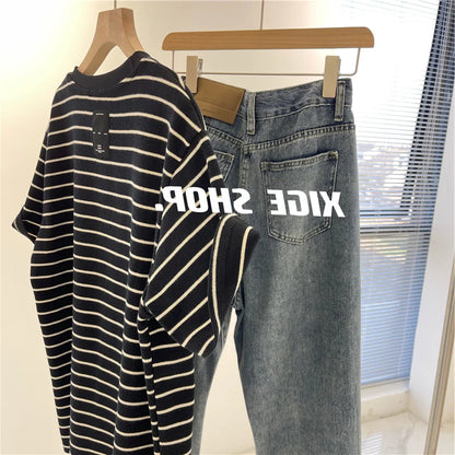 Women’s Korean Style Oversize Striped T-Shirt Loose Casual Short Sleeve Cotton Summer Commute Top