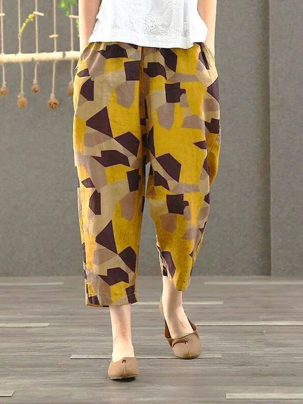 Pantalones Harlan de Verano para Mujer de Lino y Algodón, de Cintura Alta, Sueltos, Delgados, Estampados, Informales, tipo Farol, de Nueve Puntos con Bolsillos