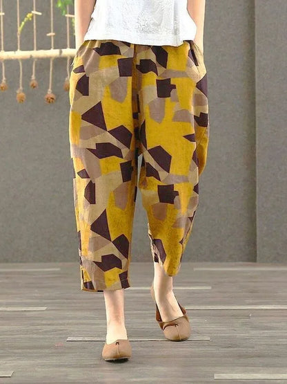 Pantalones Harlan de Verano para Mujer de Lino y Algodón, de Cintura Alta, Sueltos, Delgados, Estampados, Informales, tipo Farol, de Nueve Puntos con Bolsillos