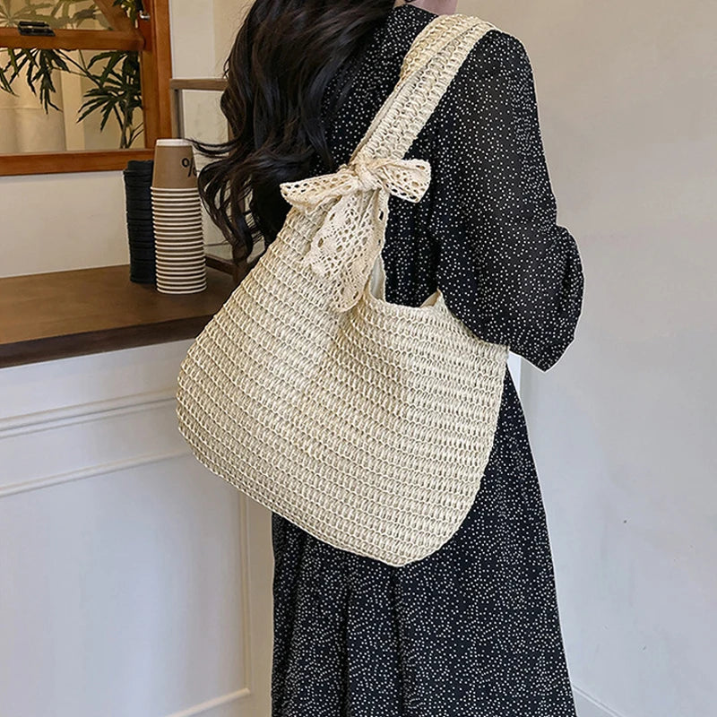 Sac à bandoulière en rotin tressé pour femmes – Grand sac cabas en paille tressée, sac de plage d'été pour femmes, sac de voyage décontracté pour les vacances, le shopping et un usage quotidien