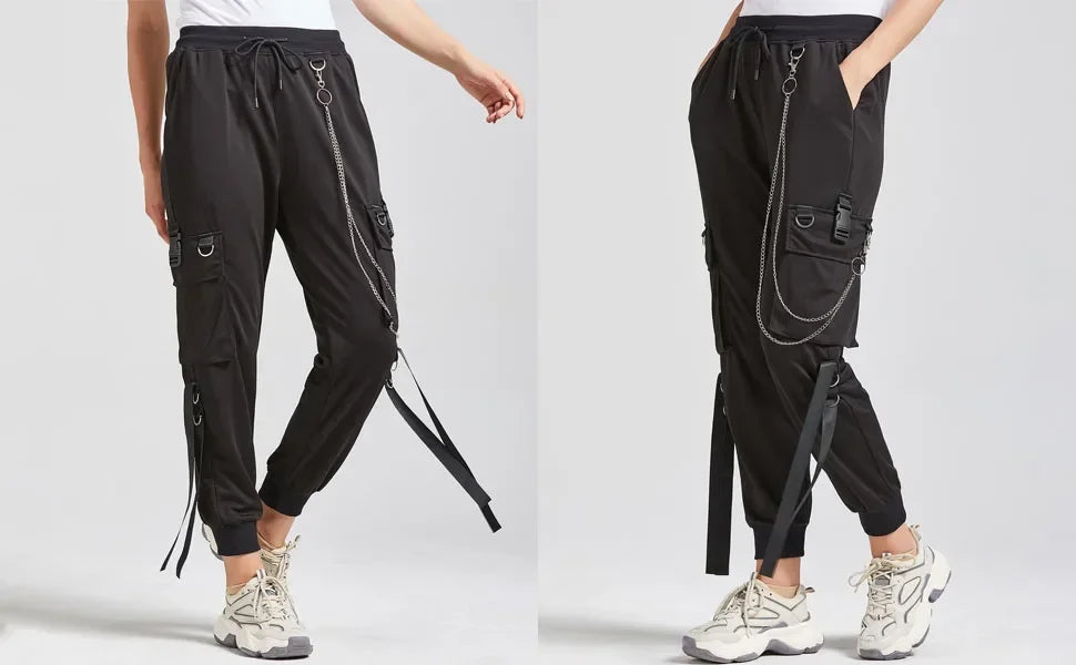 Pantalon Cargo Décontracté Noir pour Femmes Style Coréen Taille Haute Ample Hip Hop Jambe Droite Printemps Automne