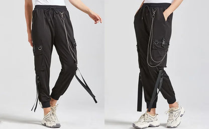 Pantalon Cargo Décontracté Noir pour Femmes Style Coréen Taille Haute Ample Hip Hop Jambe Droite Printemps Automne