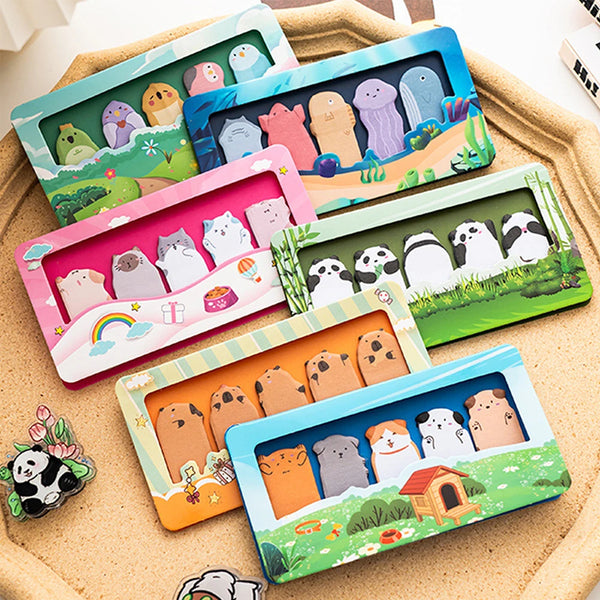 150 Sheets Cartoon Animal Sticky Notes – Cute Capybara, Panda & Cat Memo Pads, Decorative Bookmarks for School, Office, Journaling & Stationery Use