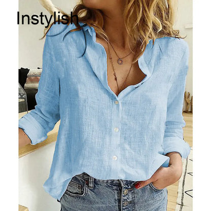 Women's Cotton Linen Oversized Shirt – Long Sleeve Button-Up Blouse, Casual Vintage Lapel Tunic & Y2K Streetwear Top