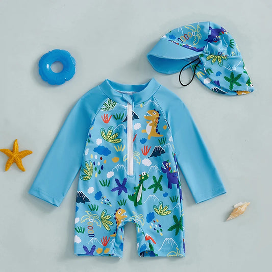 Kids Shark Print Rash Guard Swimwear Set – Long Sleeve Half Zip-Up Bathing Suit with Sun Hat, 2-Piece Toddler Boys’ Swimsuit for 0-5 Years, UV Protective Beachwear for Pool, Swimming & Summer Activities