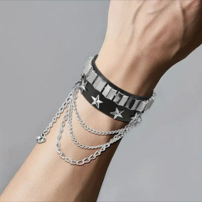 4-Piece Gothic Punk Bracelet Set – Square Rivet Metal Chain & Tassel Bracelets for Men & Women | Rock Fashion Jewelry Gift