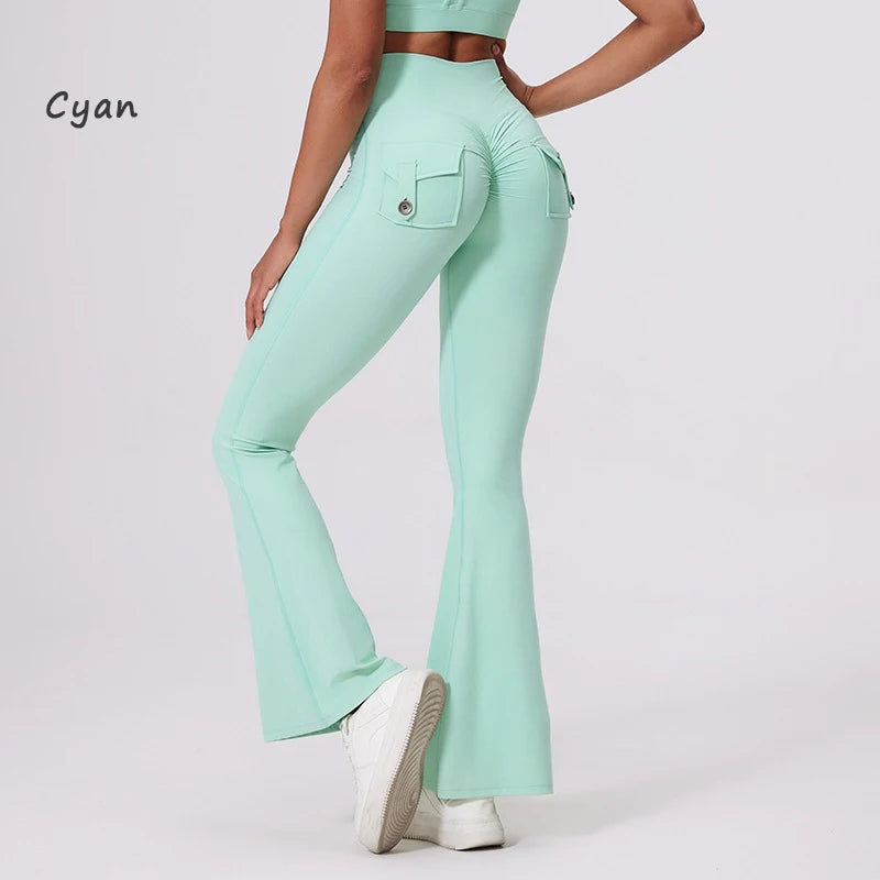 DIAS FIT JOY Pantalon de yoga évasé taille haute pour femme – Legging patte d'éléphant push-up avec poches, pantalon d'entraînement à séchage rapide pour la course, la gym, le fitness et l'exercice