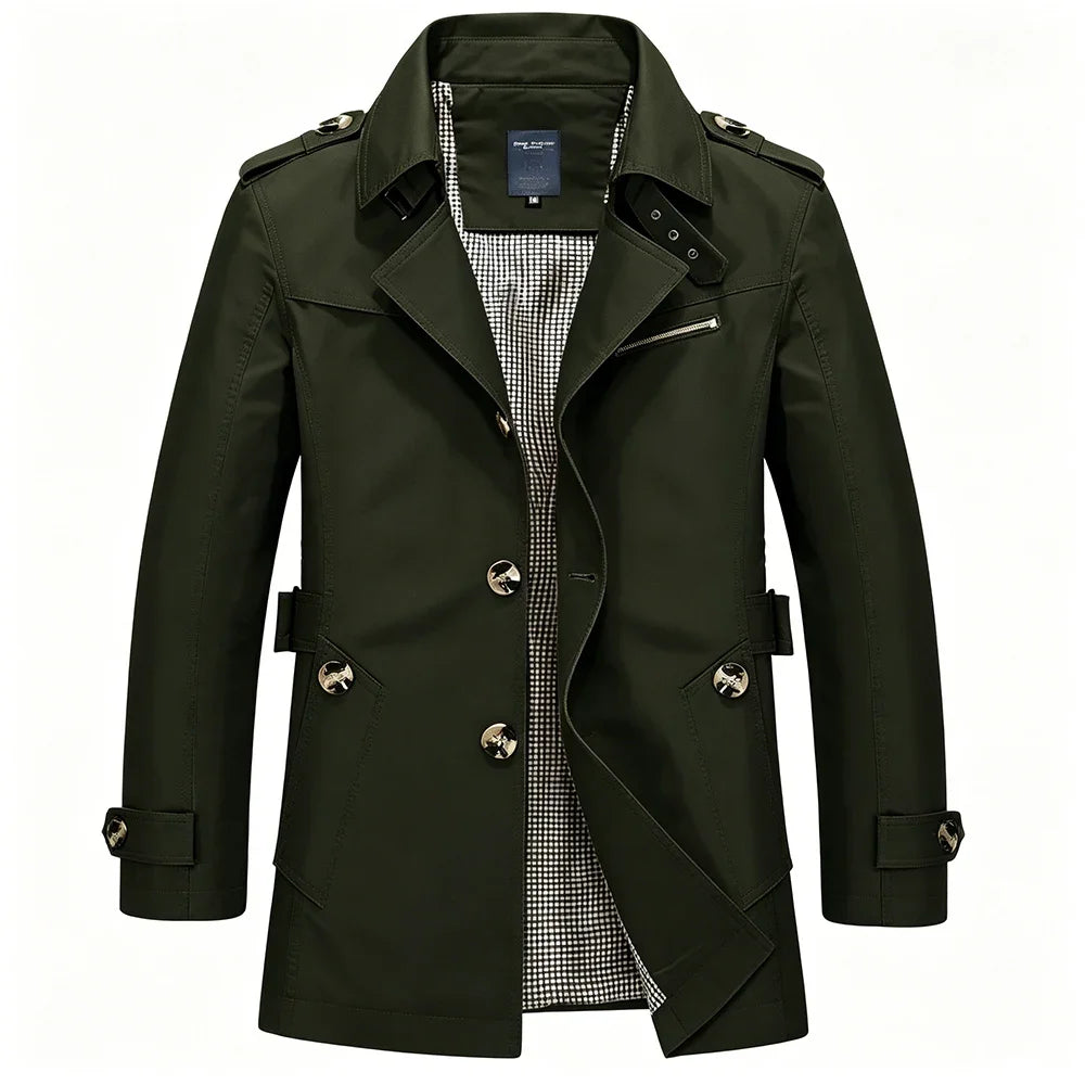 Men’s Mid-Length Trench Coat – Slim-Fit Business Casual Overcoat with Lapel Collar & Metal Buttons, Stylish Windbreaker for Commuting