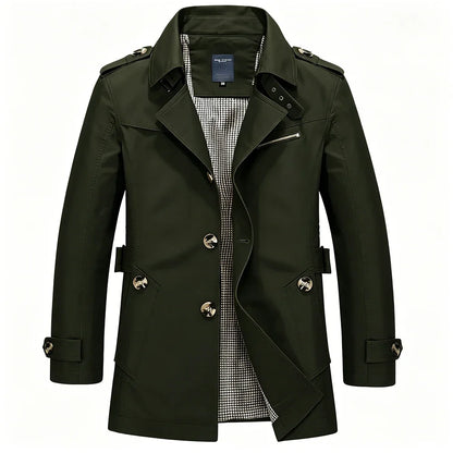 Men’s Mid-Length Trench Coat – Slim-Fit Business Casual Overcoat with Lapel Collar & Metal Buttons, Stylish Windbreaker for Commuting