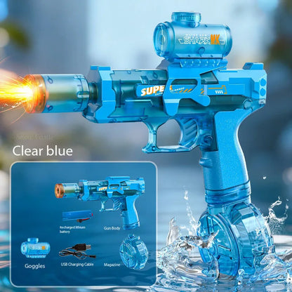 Pistola de agua eléctrica con luz y efecto llama – Potente lanzador de alta velocidad para juegos de playa, piscina y chapoteo de verano al aire libre