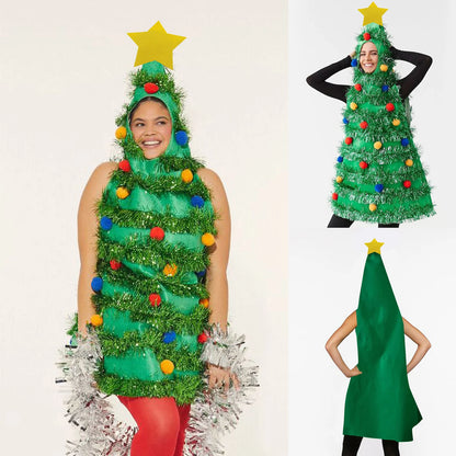 Women's Christmas Tree Costume Dress, Sleeveless Green Tinsel Hooded Dress with Colorful Ball Ornaments, Adult Christmas Cosplay Outfit for Holiday Parties and Festive Events