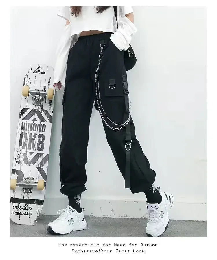 Pantalon Cargo Décontracté Noir pour Femmes Style Coréen Taille Haute Ample Hip Hop Jambe Droite Printemps Automne