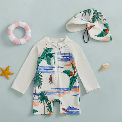 Kids Shark Print Rash Guard Swimwear Set – Long Sleeve Half Zip-Up Bathing Suit with Sun Hat, 2-Piece Toddler Boys’ Swimsuit for 0-5 Years, UV Protective Beachwear for Pool, Swimming & Summer Activities
