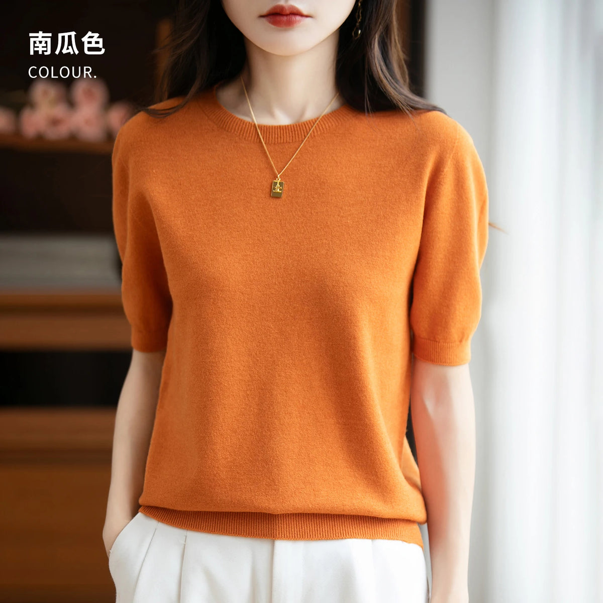 Women's 100% Wool Knitted Sweater – O-Neck Short-Sleeve Pullover, Warm Basic Casual Top for Fall & Winter, Available in 22 Colors