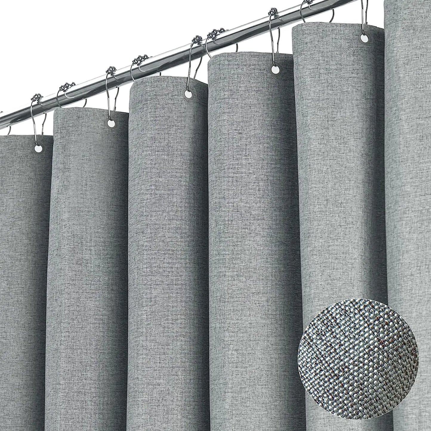 Cortina de ducha de lino de lujo – Cortina de baño de tela impermeable con ganchos de metal