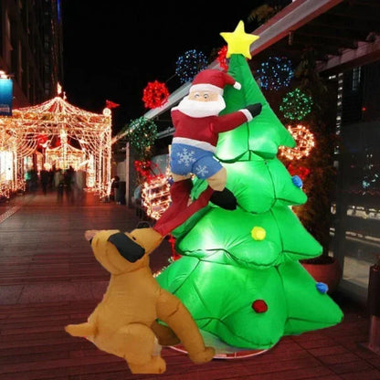 1.8M Inflatable Christmas Decoration – Dog Chasing Santa Claus on Tree Climbing Scene with Lights for Xmas Home & Party Decor