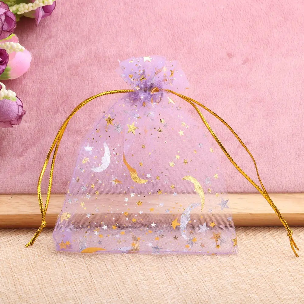 Bolsas de regalo de organza con estrellas y lunas de 25/50 piezas – Bolsitas de joyería con cordón dorado para recuerdos de boda, regalos de fiesta, empaques de dulces y almacenamiento de accesorios pequeños