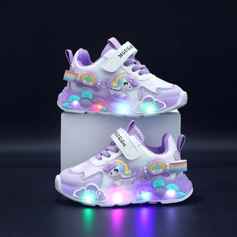 Girls' Light-Up Rainbow Pony Shoes – Soft-Sole Sports Sneakers with Flashing LED Lights for Spring & Autumn, Running & Casual Wear, Ages 1-6