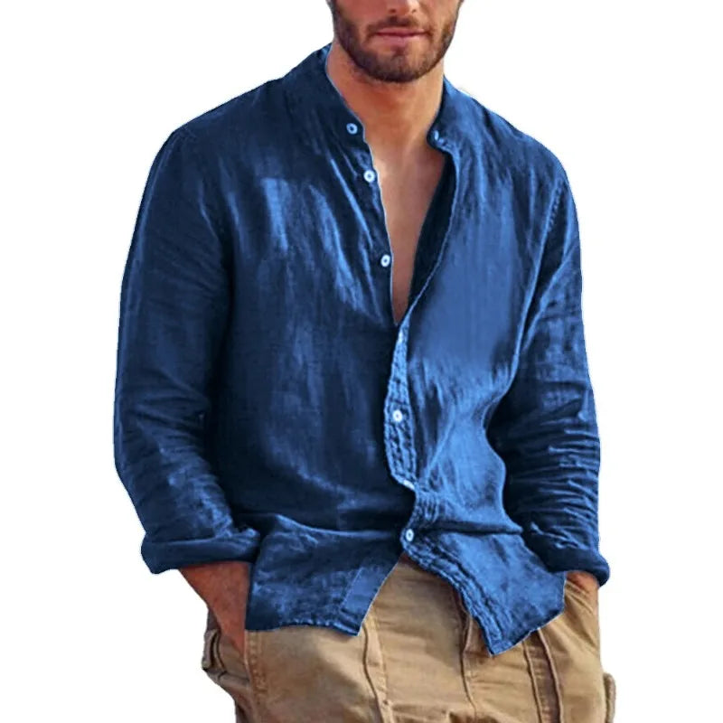 Men's Linen Long Sleeve Shirt – Stand Collar Casual Top, Lightweight Breathable Solid Color Hawaiian Style Shirt