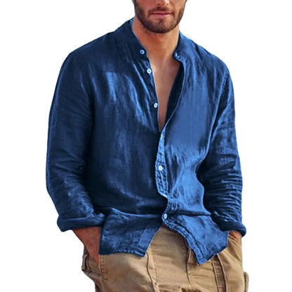 Men's Linen Long Sleeve Shirt – Stand Collar Casual Top, Lightweight Breathable Solid Color Hawaiian Style Shirt