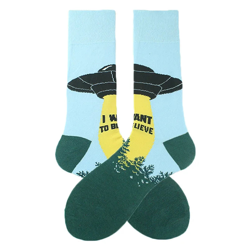 Funny Cotton Novelty Crew Socks – Alien, Planet, Shark, Dinosaur, Skateboard & Math Designs for Men & Women