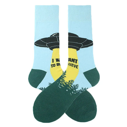 Funny Cotton Novelty Crew Socks – Alien, Planet, Shark, Dinosaur, Skateboard & Math Designs for Men & Women