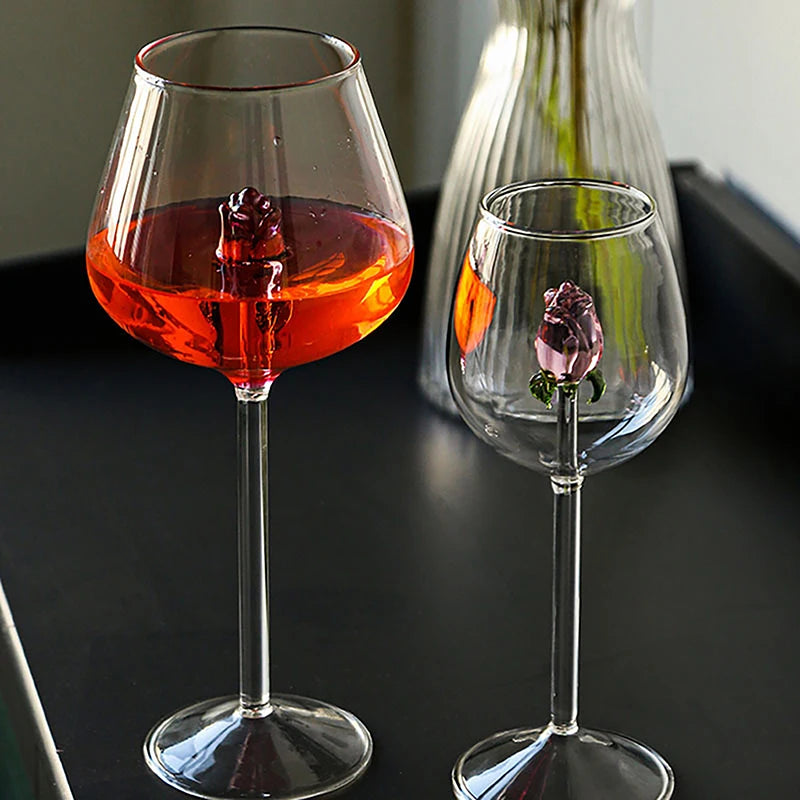 3D Pink Glass Rose Wine Glass Goblet, Red White Wine Cup, Champagne Flute Drinkware, Romantic Valentine’s Day Gift