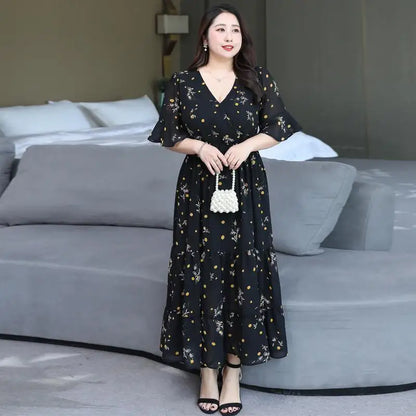 Plus Size Women's Floral Chiffon Dress – Elegant V-Neck A-Line Midi Dress with Flowy Skirt for Summer