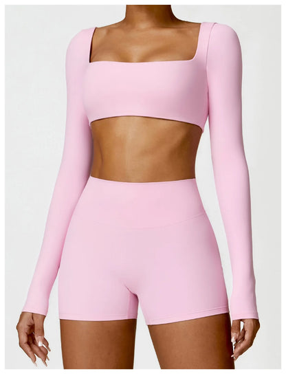 Women’s Square Neck Sports Crop Top – Long Sleeve Quick-Dry Gym Yoga Fitness Activewear