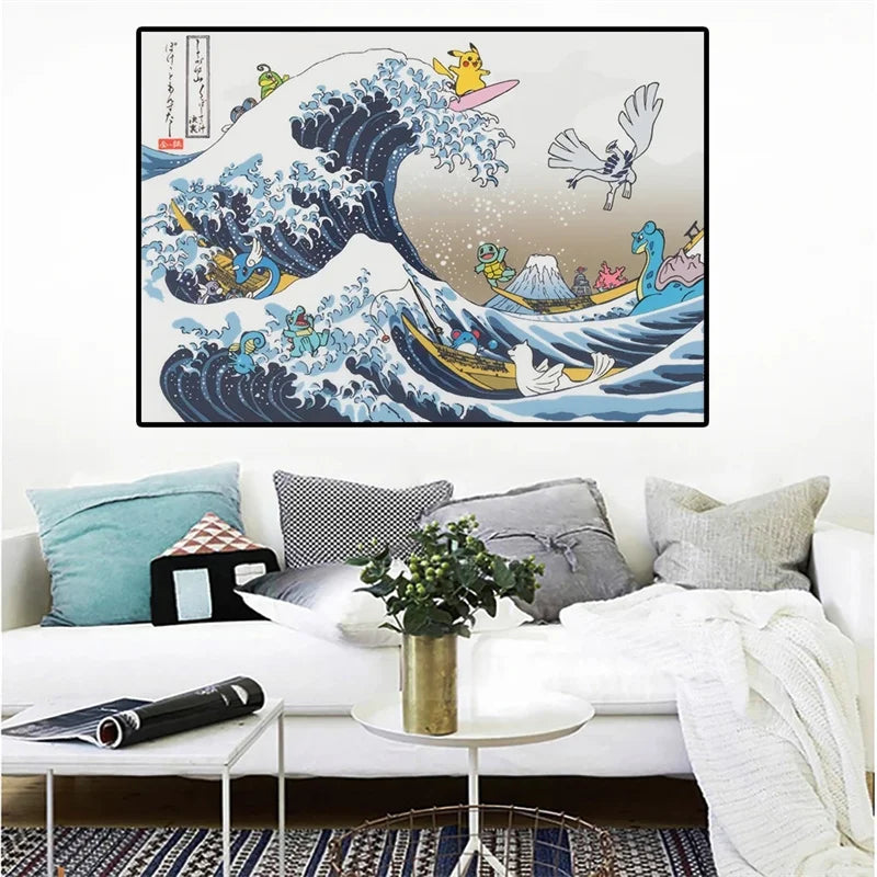 Pokémon Pikachu Great Wave of Kanagawa Canvas Wall Art – Anime Comic Poster Home Decor