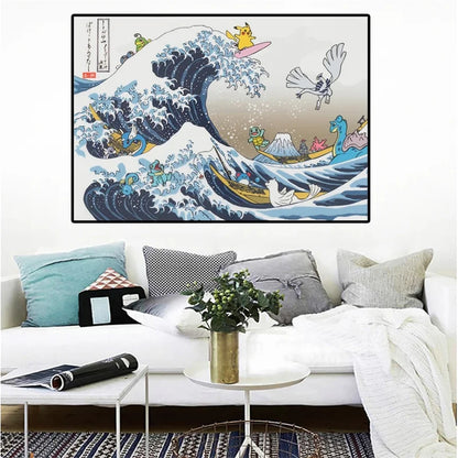 Pokémon Pikachu Great Wave of Kanagawa Canvas Wall Art – Anime Comic Poster Home Decor