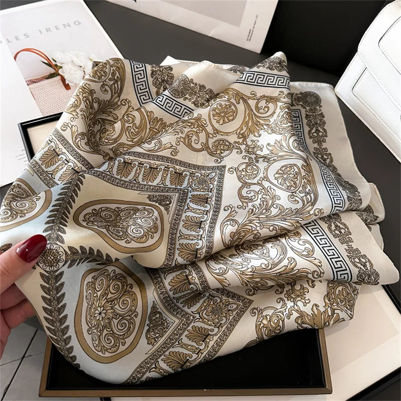 70x70CM Foulard en soie imprimé pour femme – Châle Pashmina carré tendance, tour de cou de luxe, bandeau et bandana décoratif