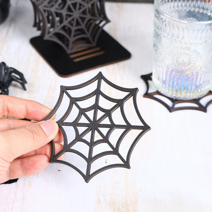 Halloween Spider Web Placemat and Coaster Set, Wooden Spider Web Table Decor with Storage Base, Gothic Halloween Party Table Accessories, Spooky Home Decoration and Party Supplies