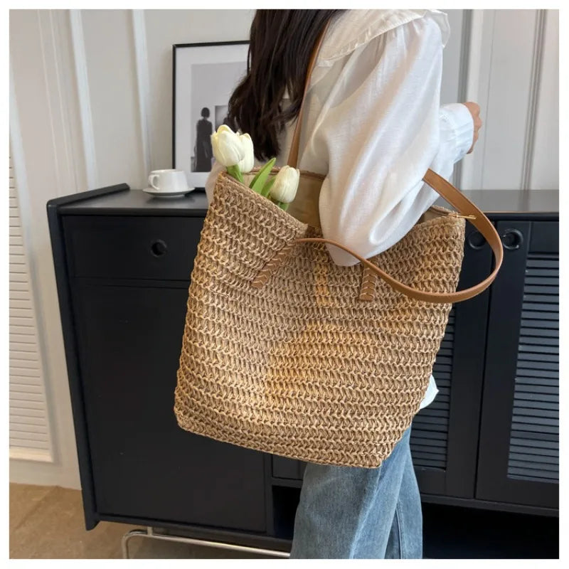 Bolso de Hombro de Paja Tejido a Mano para Mujer – Bolso Tote Bohemio de Verano para Playa, Bolso de Mano Tejido a la Moda 2025 para Viajes, Compras, Vacaciones y Uso Diario Casual