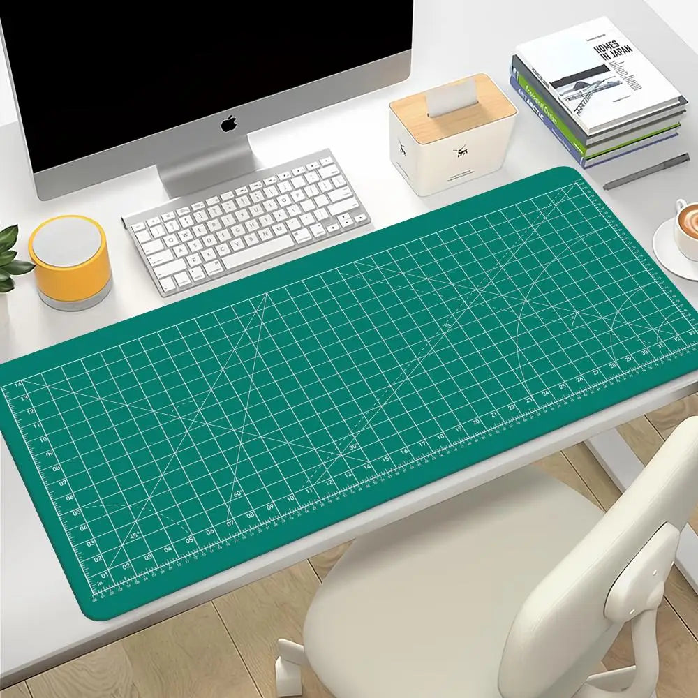 Large Gaming Mouse Pad with Green Grid Cutting Mat Design – Extended Anti-Slip Desk Mat with Stitched Edges for Keyboard, Gaming & Home Office