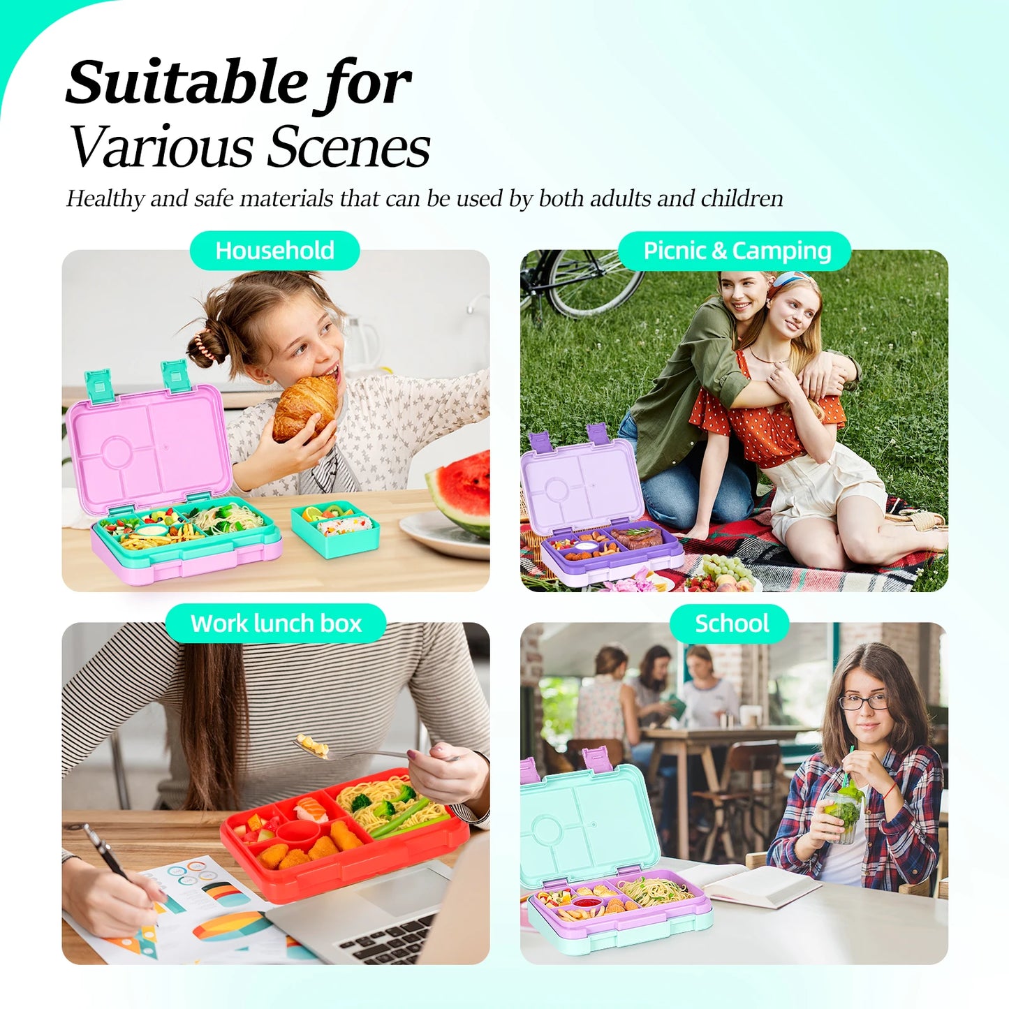 Fiambrera Bento para niños – Recipiente de comida portátil a prueba de fugas para la escuela, viajes y picnics, fiambrera para estudiantes apta para microondas para frutas, aperitivos y comidas