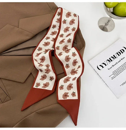 Khaki Nude Silk Scarf Hair Band – Vintage Satin Ribbon Bow Hair Accessory for Women | Elegant Fashion Hair Tie