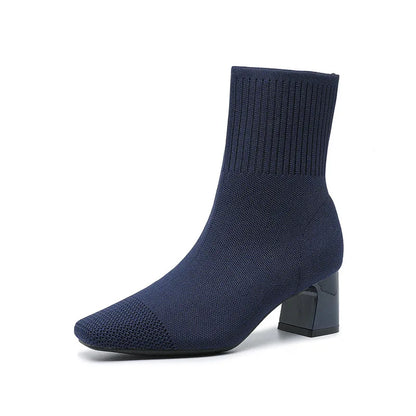 Women's Knitted Sock Boots – Pointed Toe High Heel Mid-Calf Boots, Stretch Fabric Slip-On Design for Spring & Autumn, Plus Size 43
