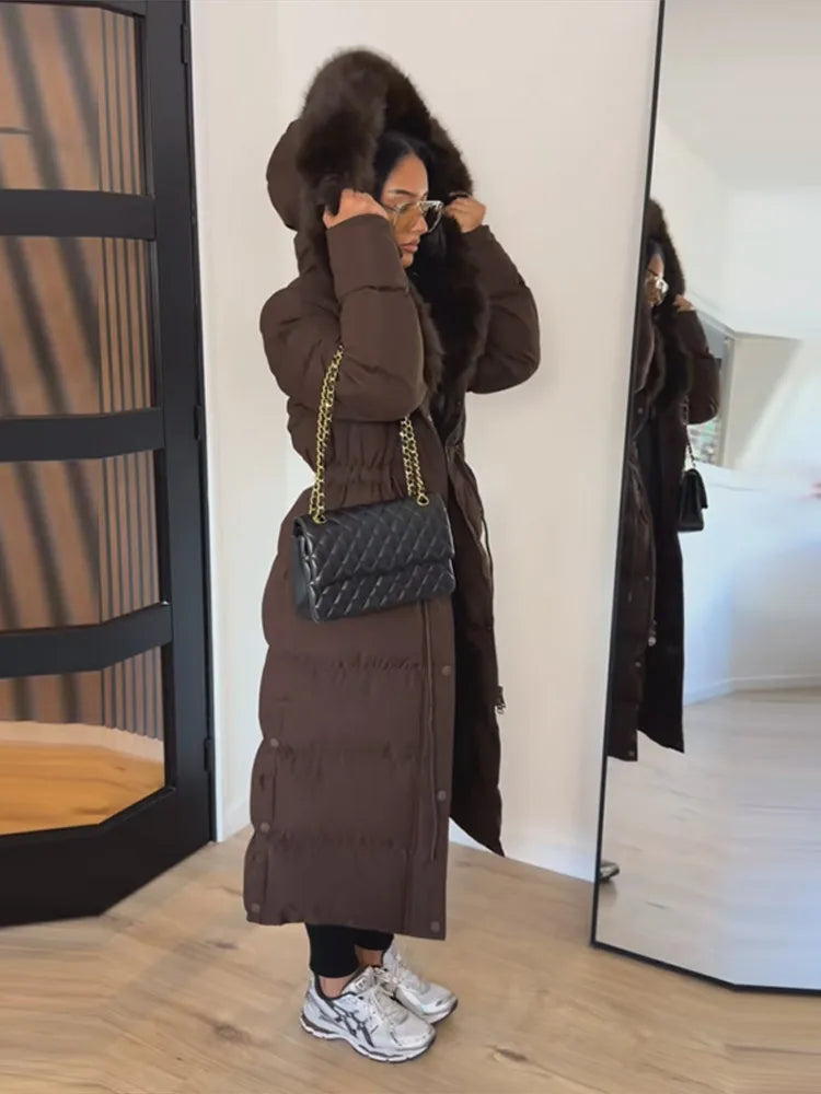 Women’s Long Puffer Winter Coat – Thick Warm Maxi Padded Jacket with Faux Fur Hood, Drawstring Waist & Zip-Up Button Closure