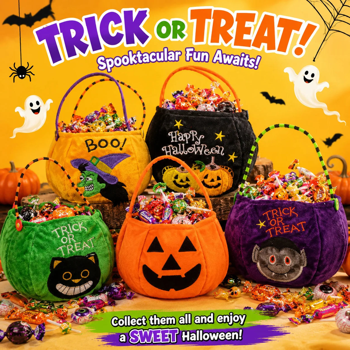 1PC Halloween Plush Candy Bag, Pumpkin Cat Vampire Witch Treat Basket, Portable Trick or Treat Tote for Kids, Halloween Party Decorations, Candy Storage and Gift Bag