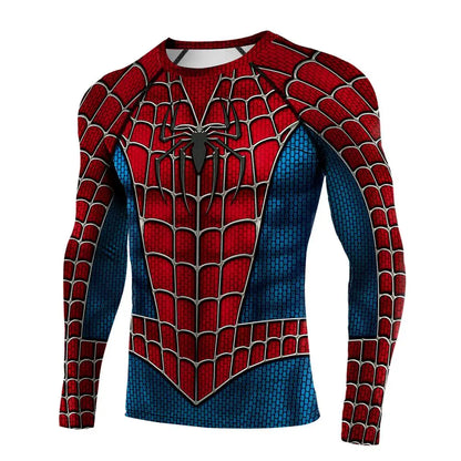 Spider-Inspired Superhero Compression Shirt for Men – Red Blue Long Sleeve Cosplay Workout Performance Top