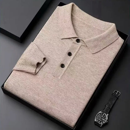 Men’s Luxury Merino Wool Cashmere Sweater – Buttoned Polo Collar Pullover, Warm Knitwear for Autumn & Winter Casual Wear