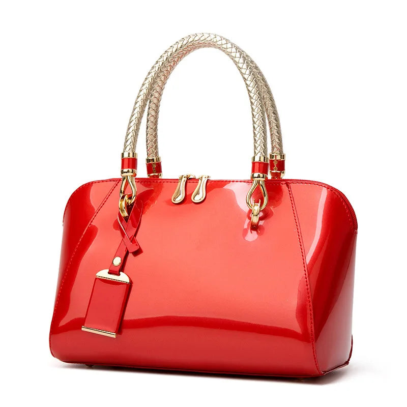 Women's Luxury Shiny Leather Boston Bag – Elegant Top-Handle Handbag in Blue, Red, Black, Beige & Pink, Fashion Shoulder Purse
