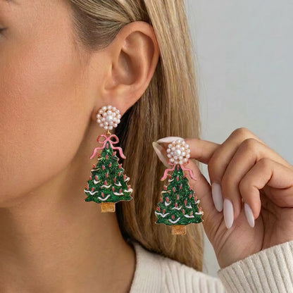 Christmas Bow Drop Earrings for Women – Glitter Red & Green Holiday Dangle Earrings, Festive Party Jewelry, Cute Gift Accessories